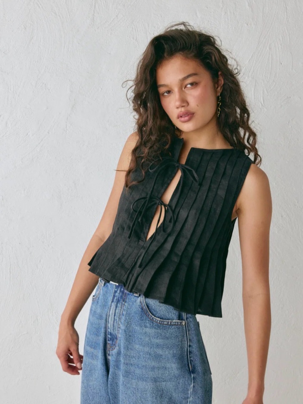 Pleated Tie-Front Camisole in Black